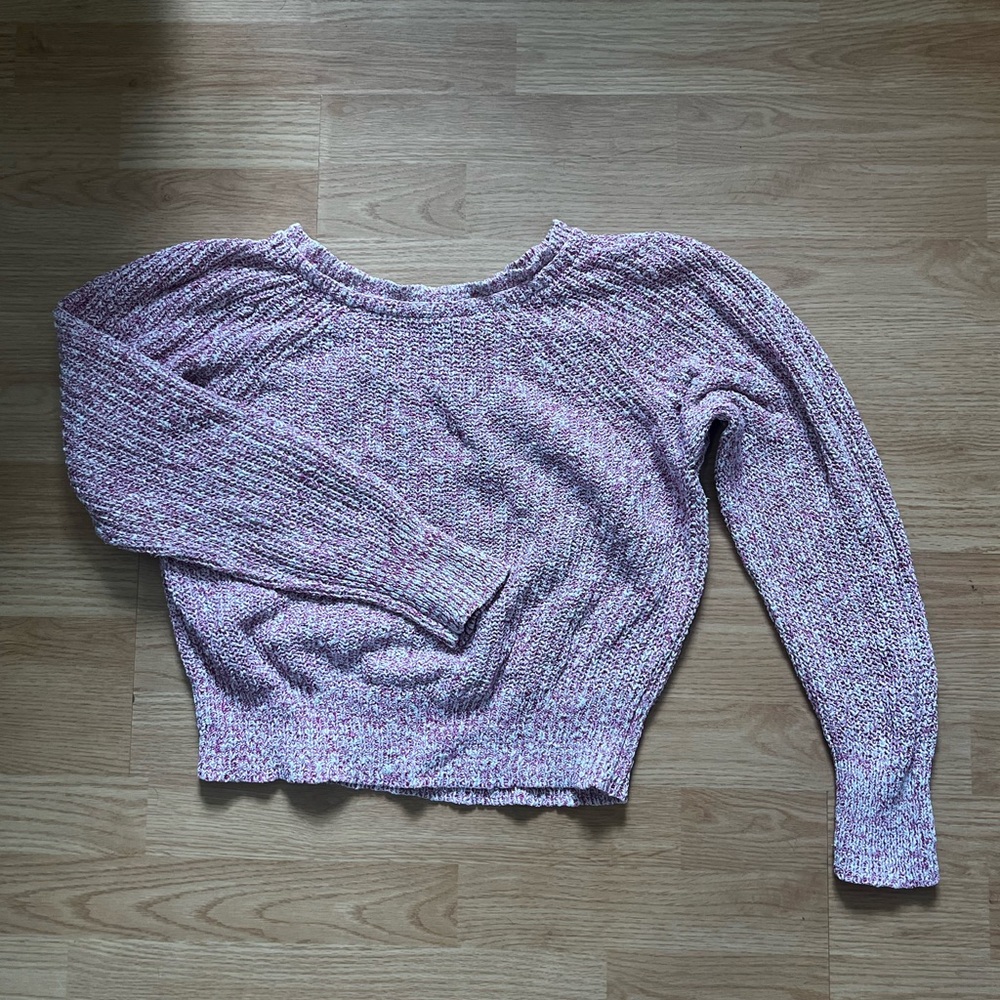 Free people pink and white linen blend crop sweater sz small long sleeve summer